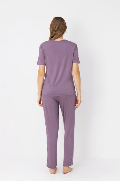Women's Purple V-Neck Pajama Set - Soft Viscose Sleepwear with Lace Trim