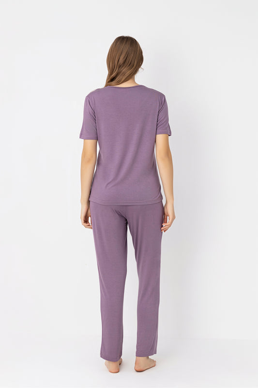 Women's Purple V-Neck Pajama Set - Soft Viscose Sleepwear with Lace Trim