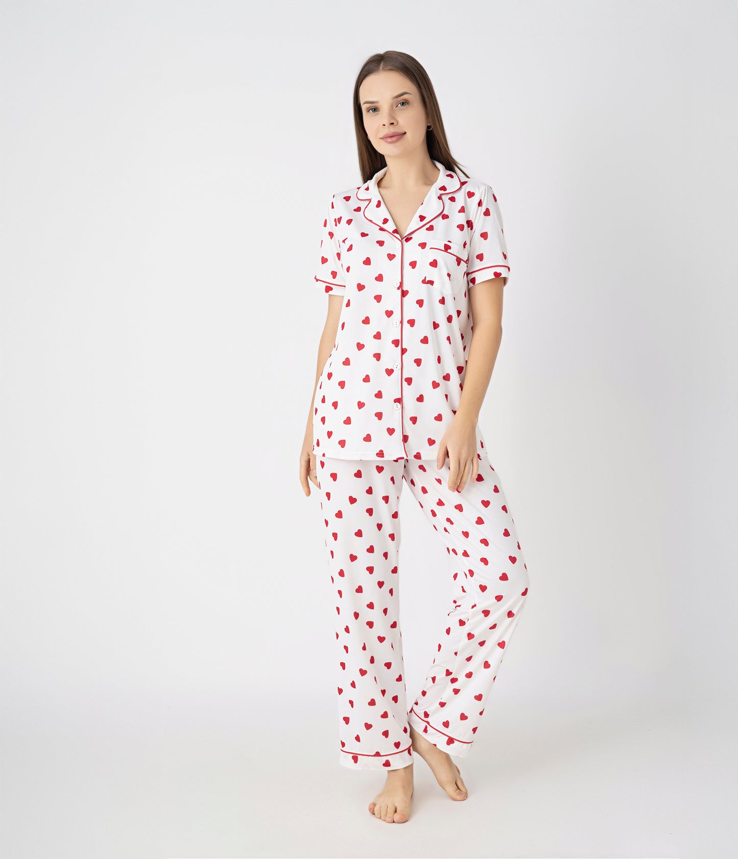 Women’s Heart Print Button-Front Ecru Pajama Set – Soft Viscose Lycra Sleepwear