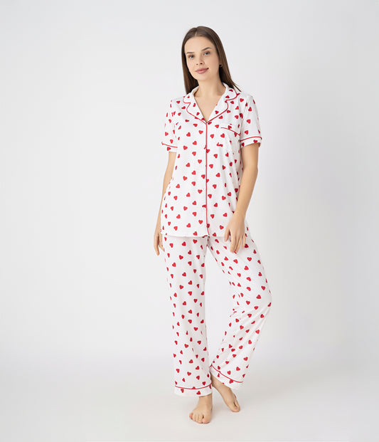 Women’s Heart Print Button-Front Ecru Pajama Set – Soft Viscose Lycra Sleepwear